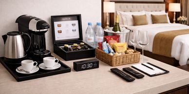 A luxurious hotel room coffee and snack setup with bed in background.