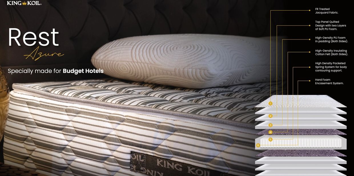 King Koil Rest Azure mattress designed for budget hotels with multiple supportive layers.