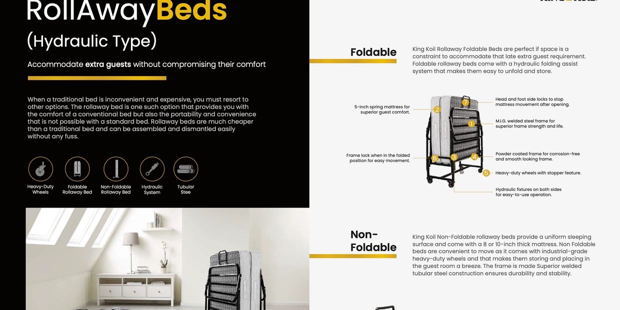 Rollaway beds with hydraulic systems offer comfort and portability for extra guests.
