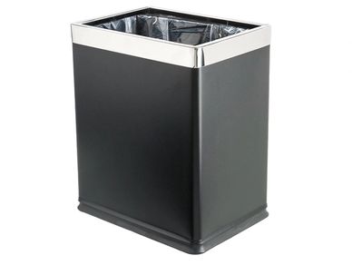 Black rectangular trash bin with silver rim and plastic liner.
