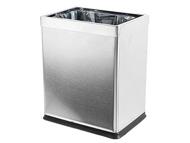 Rectangular stainless steel trash can with black base.