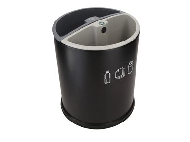 Black dual compartment recycling bin for bottles, paper, and cans.