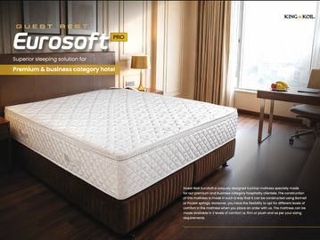 A neatly made bed with a Eurosoft Pro mattress in a bright hotel room.