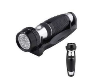 Black LED flashlight with a clip and a smaller detachable part.