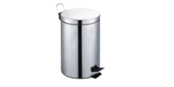 A small stainless steel pedal trash bin with a lid.