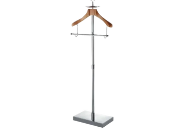 Modern chrome and wood valet stand with hangers.