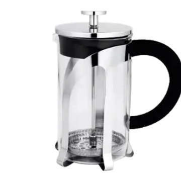 A sleek French press coffee maker with a glass body and black handle.