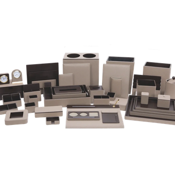A large collection of beige and black office desk organizers and accessories.