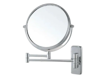Wall-mounted round mirror with an extendable arm in silver finish.