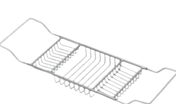 Expandable metal bathtub caddy tray with handles and slots.