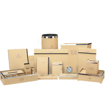 A collection of beige office desk organizers and accessories.