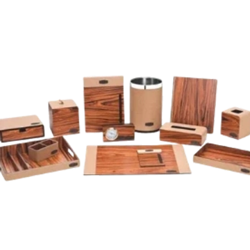 A collection of wooden and leather office desk accessories.