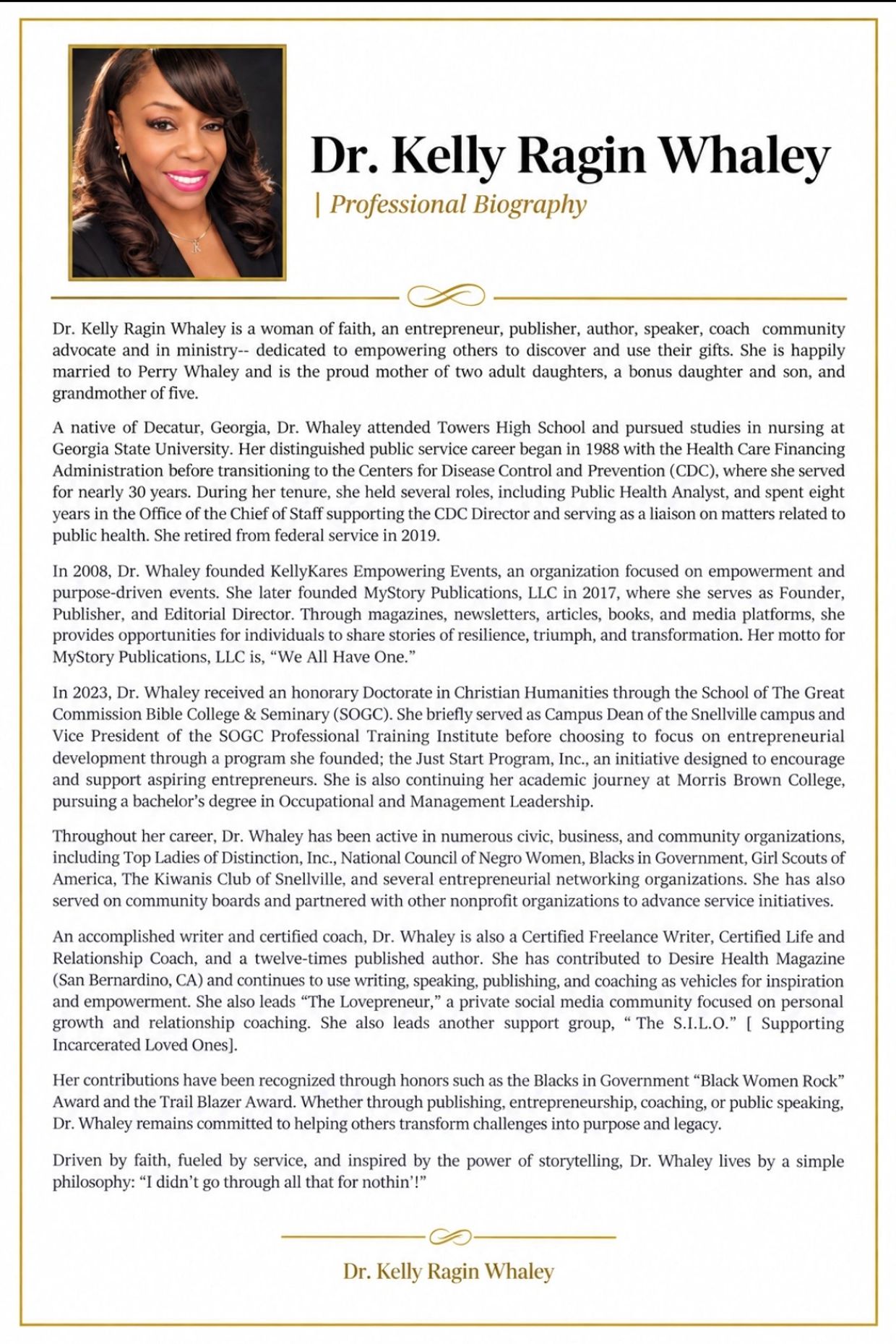 Professional biography of Dr. Kelly Ragin Whaley with her photo and accomplishments.