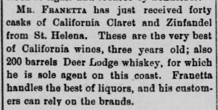 Franetta Receiving Deer Lodge Whiskey in 1884