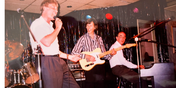 Derek and Richard Harding on stage the Pile Bar Bradford West Yorkshire