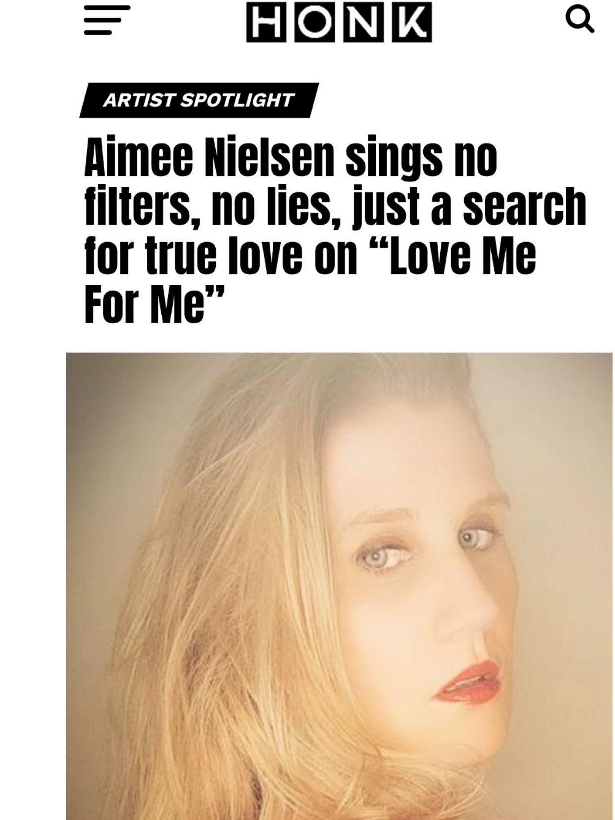 Aimee Nielsen featured in an artist spotlight for her song 'Love Me For Me'.