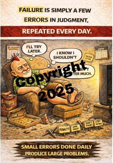 Illustration showing a man procrastinating with the quote about failure and small daily errors causing big problems.
