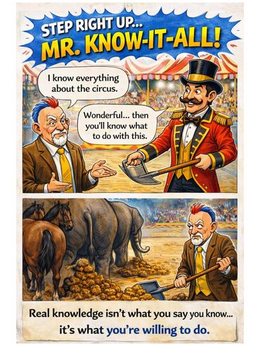 Circus scene with a man challenged to prove his knowledge by shoveling elephant dung.