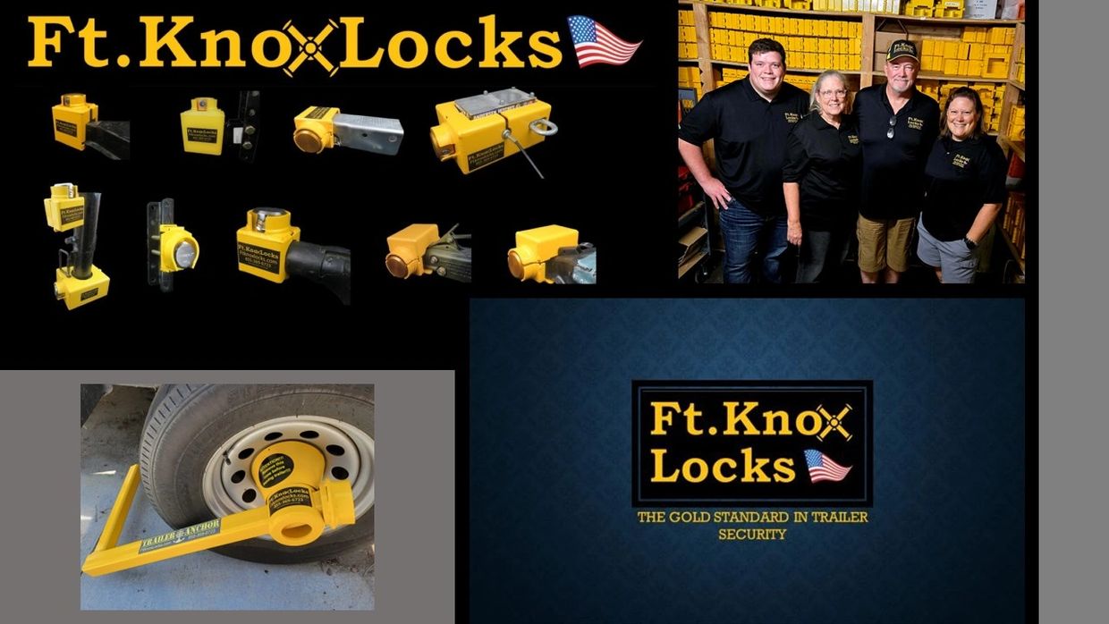 Ft. Knox Locks logos with a variety of trailer locks on trailer couplers. Four people smiling.
