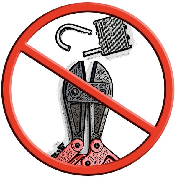 Bolt cutters with a broken lock and the no symbol over it.