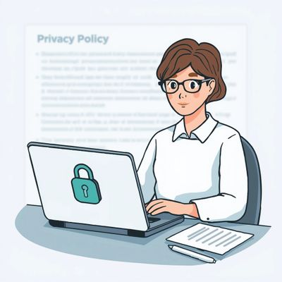 Woman working on a laptop with a privacy lock symbol on the screen.