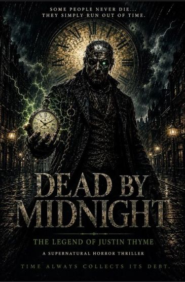 Dark, supernatural thriller poster with clock and eerie figure.