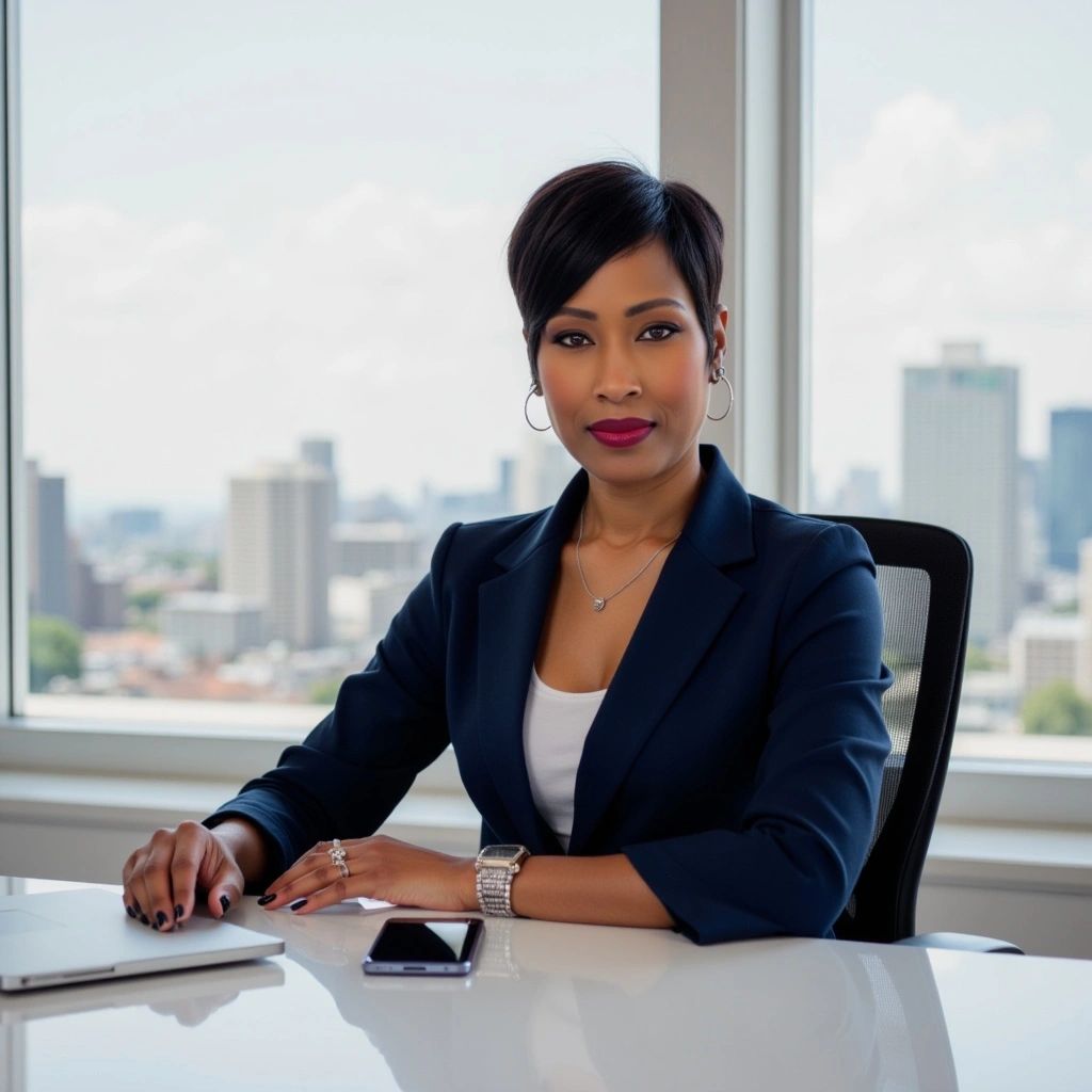 Confident businesswoman seated at an office desk with cityscape view.