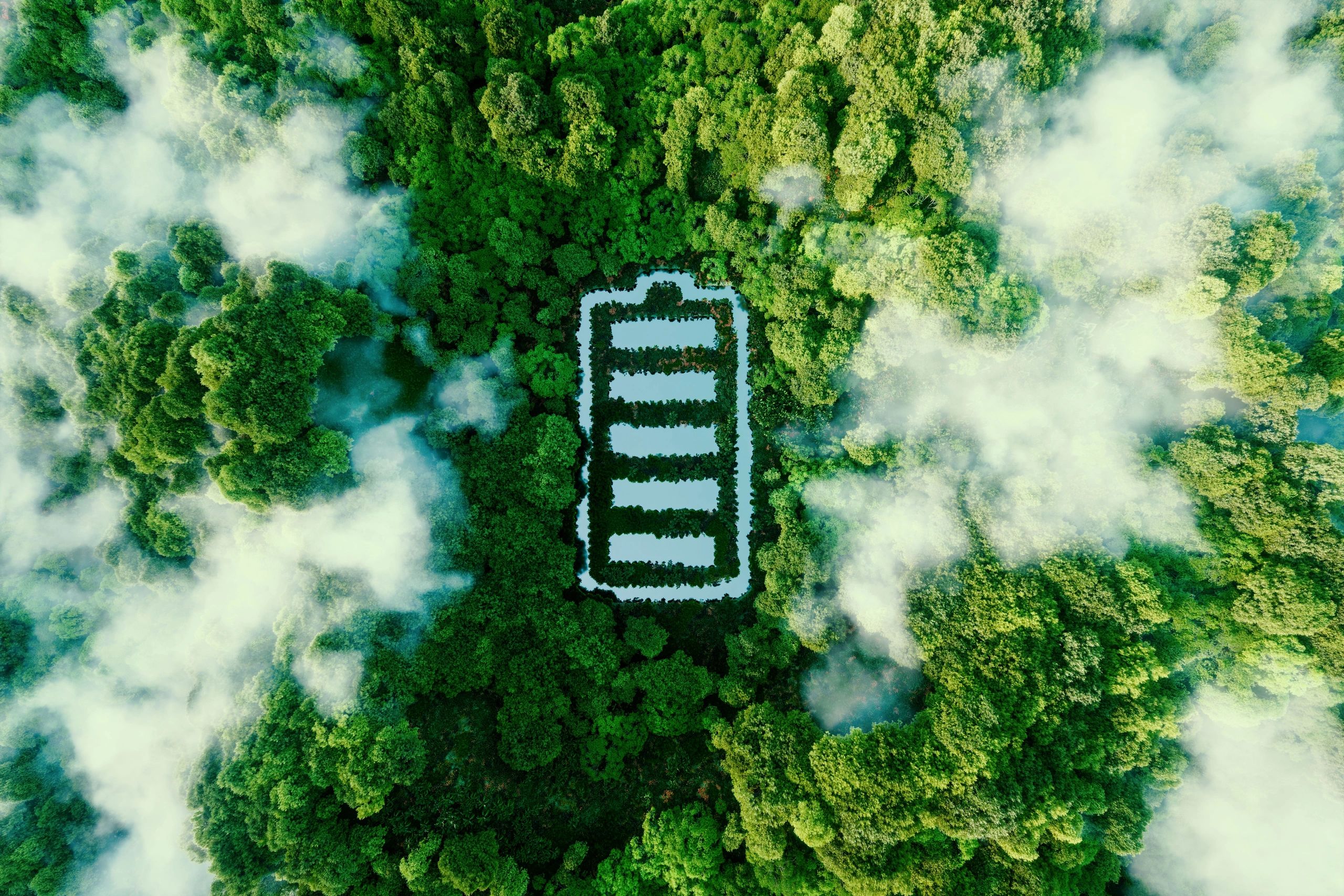 Image of a forest with a battery-shaped lake