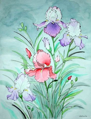 Watercolor painting of colorful irises with green leaves.