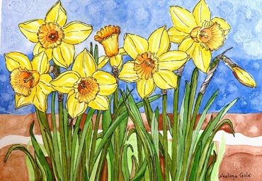 Bright yellow daffodil flowers painted with a blue sky background.