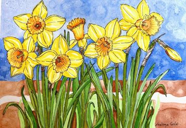 Bright yellow daffodil flowers painted with a blue sky background.