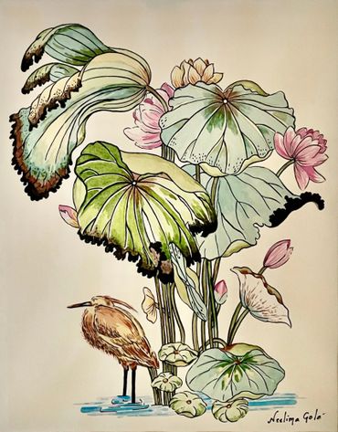 Illustration of a bird among large, detailed lotus leaves and flowers.