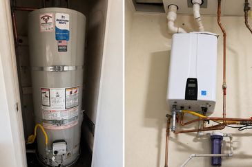 Old water heater next to a modern tankless water heater.