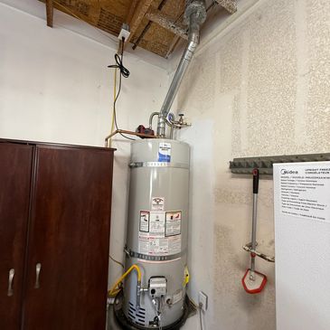 Water heater installed in a corner of a room.