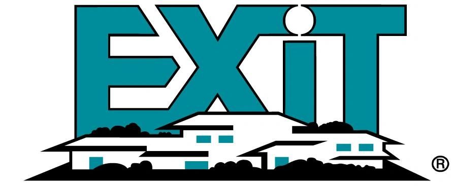 Logo of EXIT real estate company with houses illustration.