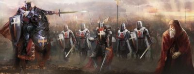 Knights in armor with swords and shields march through a misty battlefield.