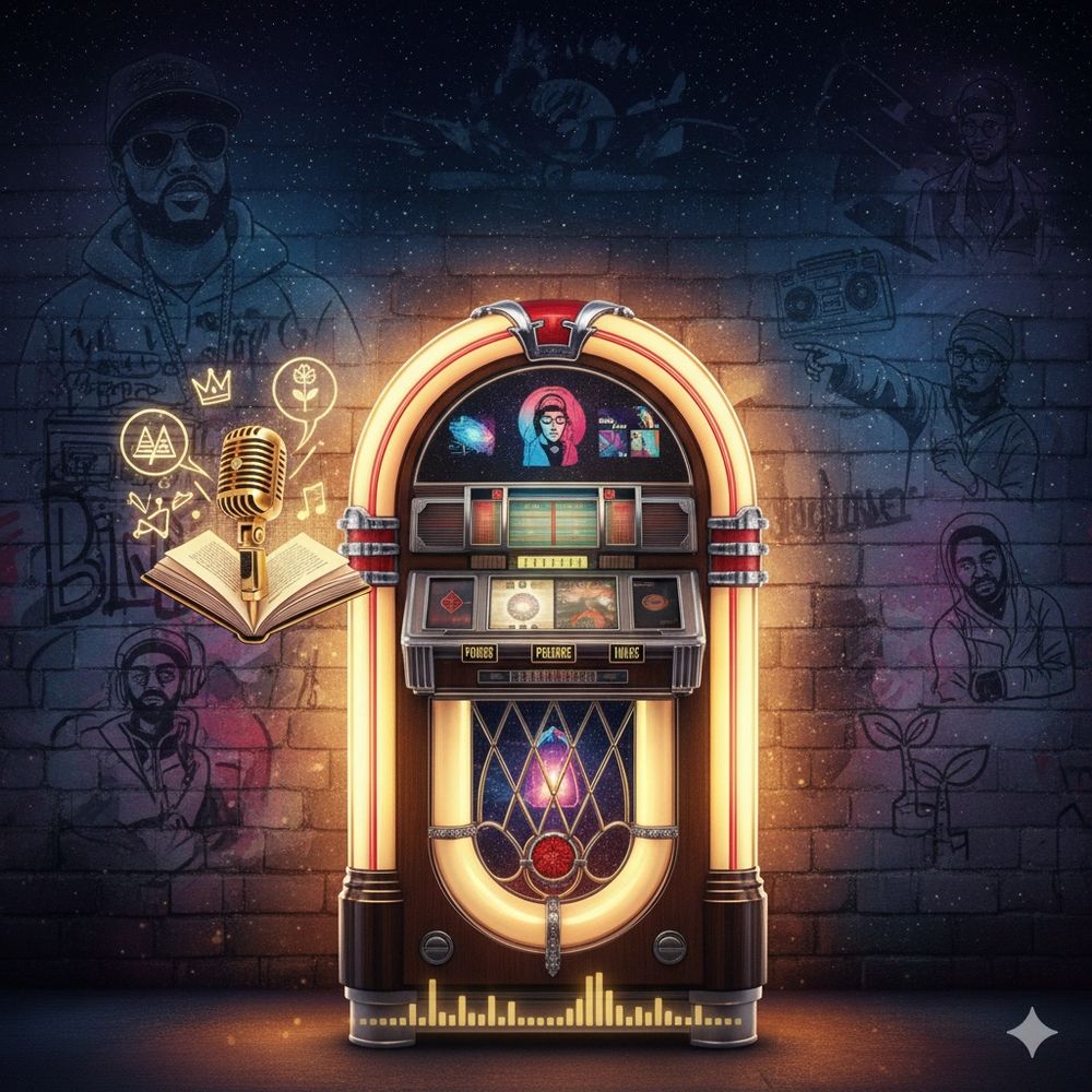 Image of a jukebox with a book and a vintage n=microphone