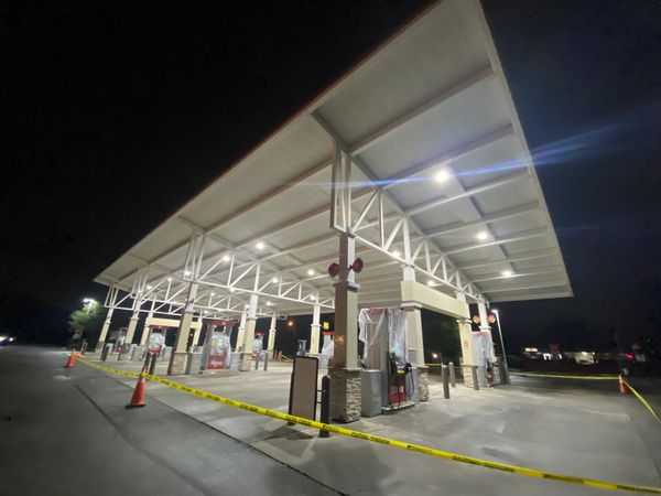 Gas station canopy cleaning in Volusia County, FL. Remove stains, soot, and fuel residue.