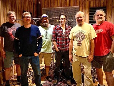 Band shot inside the drum room at Flat 5 Studios.