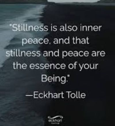 Quote on inner peace and stillness by Eckhart Tolle over a dark beach background.