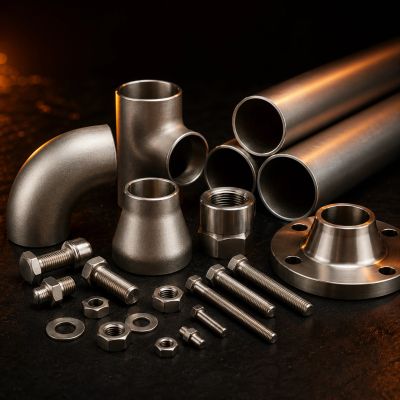 Various metal pipes and fittings on a dark surface.