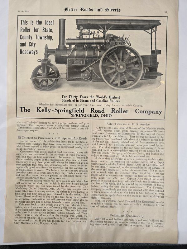 Vintage advertisement for the Kelly-Springfield Road Roller Company steam roller.