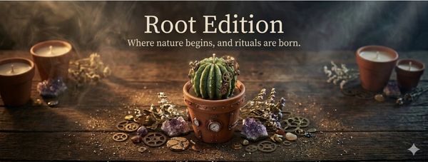 A steampunk-themed cactus in a pot surrounded by crystals and candles.