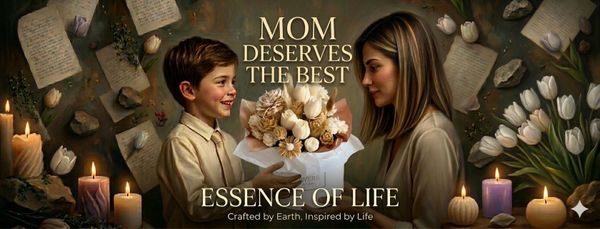 A boy gives flowers to his mom with the message 'Mom deserves the best, essence of life.'