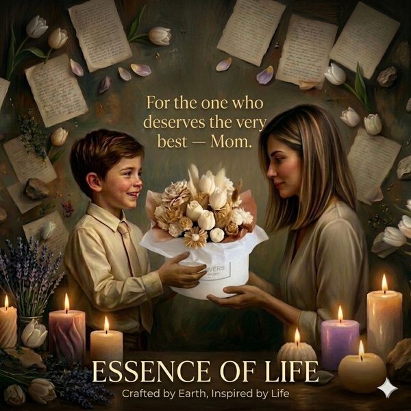 A boy gives flowers to his mom surrounded by candles and petals.