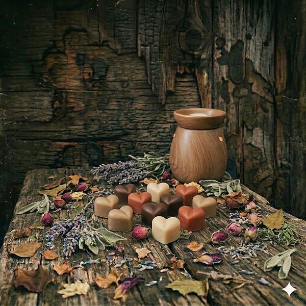 Heart-shaped chocolates and dried flowers on rustic wood with a wooden candle holder.