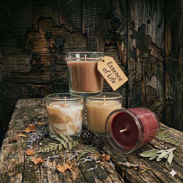 Four scented candles on rustic wood with natural decor and 'Essence of Life' tag.