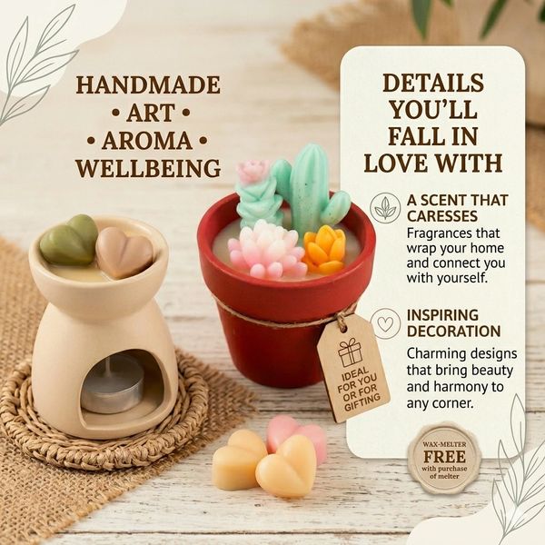Handmade aroma wax melter with charming cactus design, perfect for gifting and wellbeing.