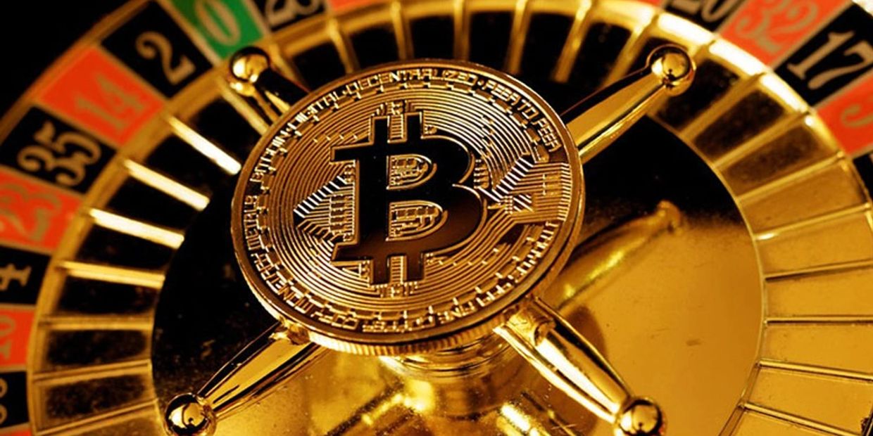 Bitcoin symbol on a roulette wheel.