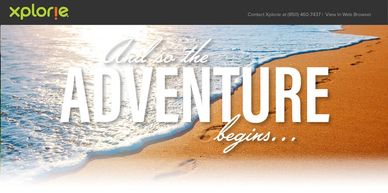 Ocean waves gently washing onto a sandy beach with adventure-themed text overlay.